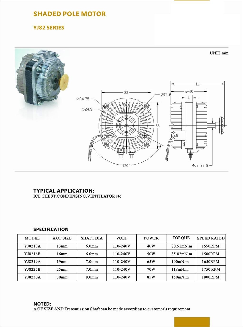 YJ8213 Shaded Pole Motor For Refrigerator